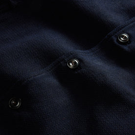 material shot of the buttons on The Crew Jacket in Raw Indigo Sashiko, Outerwear by Taylor Stitch