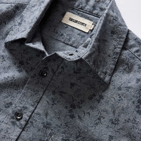 material shot of the collar on The Short Sleeve California in Blue Chambray Botanical
