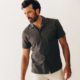 fit model posing in The Short Sleeve Davis Shirt in Kelp Stripe