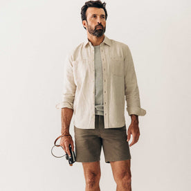 fit model showing off The Utility Shirt in Natural Nep, Wovens by Taylor Stitch