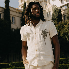 fit model posing in The Short Sleeve Davis Shirt in Natural Palm Embroidery, Wovens by Taylor Stitch