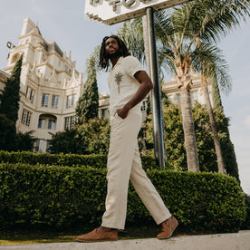 fit model walking in The Short Sleeve Davis Shirt in Natural Palm Embroidery, Wovens by Taylor Stitch