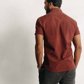 fit model showing off The Short Sleeve Jack in Dried Cherry Seersucker, Wovens by Taylor Stitch