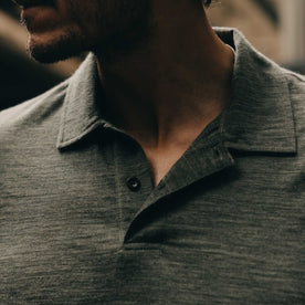 fit model showing off the collar on The Merino Polo in Heather Army, Knits by Taylor Stitch