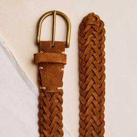 editorial image of the buckle and back of The Braided Belt in Tan Suede , Accessories by Taylor Stitch