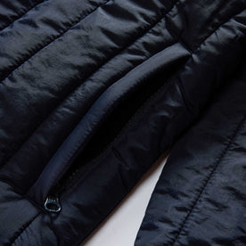 material shot of the pocket on The Ember Jacket in Dark Navy Quilted Nylon, Outerwear by Taylor Stitch