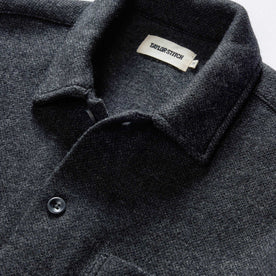 material shot of the collar on The Evans Overshirt in Charcoal Birdseye Wool, Wovens by Taylor Stitch