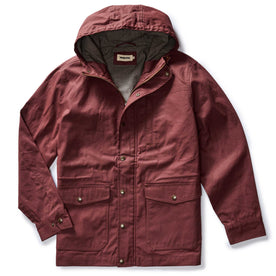 flatlay of The Explorer Jacket in Red Wine Dry Wax, Outerwear by Taylor Stitch