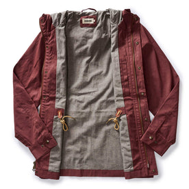 flatlay of The Explorer Jacket in Red Wine Dry Wax open, Outerwear by Taylor Stitch