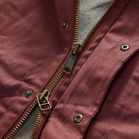 material shot of the zipper on The Explorer Jacket in Red Wine Dry Wax, Outerwear by Taylor Stitch