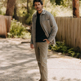 fit model sitting wearing The Fall Line Overshirt in Heather Ash Quilted Jersey, Wovens by Taylor Stitch