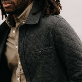 fit model showing off the collar on The Fall Line Overshirt in Heather Coal Quilted Jersey, Wovens by Taylor Stitch