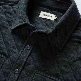 material shot of the collar on The Fall Line Overshirt in Heather Coal Quilted Jersey, Wovens by Taylor Stitch