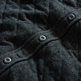 material shot of the buttons on The Fall Line Overshirt in Heather Coal Quilted Jersey, Wovens by Taylor Stitch