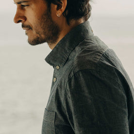 fit model showing off the collar on The Jack in Rinsed Indigo Chambray, Wovens by Taylor Stitch