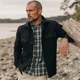 fit model leaning against a tree wearing The Jack in Rinsed Indigo Plaid, Wovens by Taylor Stitch