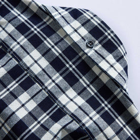 material shot of the back collar on The Jack in Rinsed Indigo Plaid, Wovens by Taylor Stitch