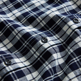 material shot of the buttons on The Jack in Rinsed Indigo Plaid, Wovens by Taylor Stitch