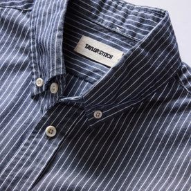 material shot of the collar on The Jack in Rinsed Indigo Stripe, Wovens by Taylor Stitch