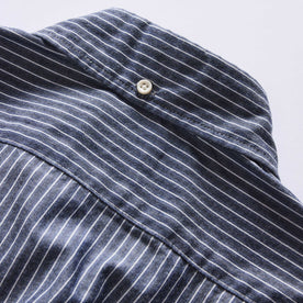 material shot of the back collar on The Jack in Rinsed Indigo Stripe, Wovens by Taylor Stitch