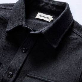 material shot of the collar on The Maritime Shirt Jacket in Faded Black Moleskin Twill, Outerwear by Taylor Stitch