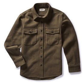 flatlay of The Maritime Shirt Jacket in Fatigue Olive Moleskin Twill, Outerwear by Taylor Stitch