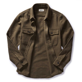 flatlay of The Maritime Shirt Jacket in Fatigue Olive Moleskin Twill open, Outerwear by Taylor Stitch