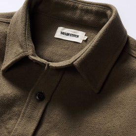 material shot of the collar on The Maritime Shirt Jacket in Fatigue Olive Moleskin Twill, Outerwear by Taylor Stitch