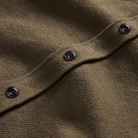 material shot of the buttons on The Maritime Shirt Jacket in Fatigue Olive Moleskin Twill, Outerwear by Taylor Stitch