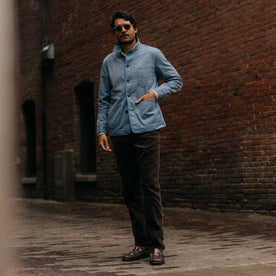 fit model posing in The Ojai Jacket in French Blue Herringbone, Outerwear by Taylor Stitch