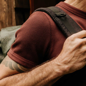 fit model showing off waffle detail on The Organic Cotton Short Sleeve Crew in Burgundy Waffle, Knits by Taylor Stitch