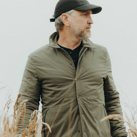 fit model showing off The Ridgeline Overshirt in Fatigue Olive, Wovens by Taylor Stitch