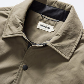 material shot of the collar on The Ridgeline Overshirt in Fatigue Olive, Wovens by Taylor Stitch