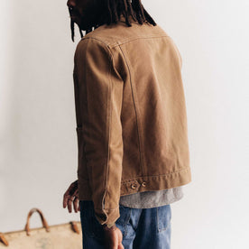 fit model showing off the back of The Ryder Jacket in Tobacco Chipped Canvas, Outerwear by Taylor Stitch