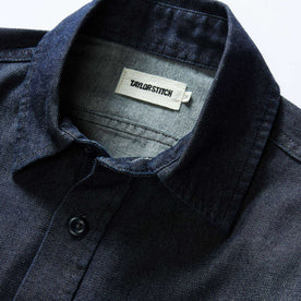 material shot of the collar on The Saddler Shirt in Indigo Broken Twill, Wovens by Taylor Stitch