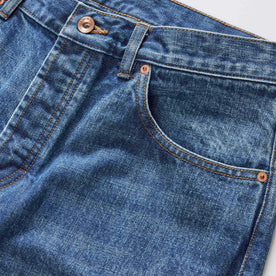 material shot of the waistband on The Slim Jean in Mid Wash Organic Selvedge, Bottoms by Taylor Stitch