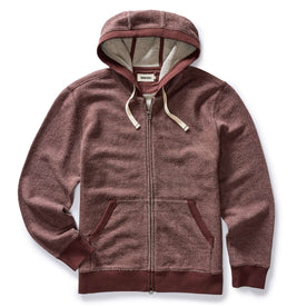 flatlay of The Apres Zip Hoodie in Merlot French Terry Twill, Knits by Taylor Stitch