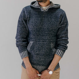 fit model showing off details on The Headland Pullover Sweater in Marled Navy, Knits by Taylor Stitch