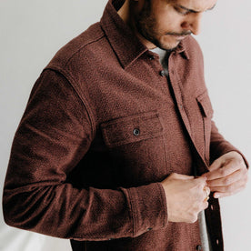 fit model buttoning up The Ledge Shirt in Burgundy Linen Tweed, Wovens by Taylor Stitch