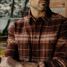 fit model posing in The Ledge Shirt in Chestnut Plaid, Wovens by Taylor Stitch