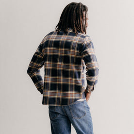 fit model showing off the back of The Ledge Shirt in River Plaid, Wovens by Taylor Stitch