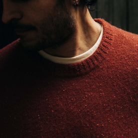 fit model showing off the collar on The Lodge Sweater in Bonfire Donegal, Knits by Taylor Stitch