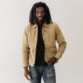 fit model wearing The Pathfinder Waxed Canvas Jacket in Khaki Dry Wax, Outerwear by Taylor Stitch