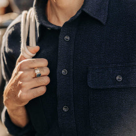 fit model showing off the buttons on The Ledge Shirt in Dark Navy Linen Tweed, Wovens by Taylor Stitch