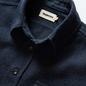 material shot of the collar on The Ledge Shirt in Dark Navy Linen Tweed, Wovens by Taylor Stitch