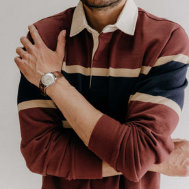 fit model crossing his arms wearing The Rugby Shirt in Dried Cherry Stripe, Knits by Taylor Stitch