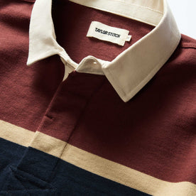 material shot of the collar on The Rugby Shirt in Dried Cherry Stripe, Knits by Taylor Stitch