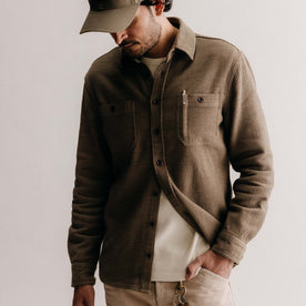 fit model with The Utility Shirt in Cypress Sashiko buttoned up, Wovens by Taylor Stitch