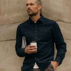 fit model with his hand in his pocket wearing The Utility Shirt in Navy Sashiko, Wovens by Taylor Stitch