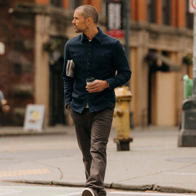 fit model walking wearing The Utility Shirt in Navy Sashiko, Wovens by Taylor Stitch